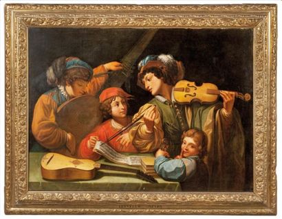École ITALIENNE du XVIIe siècle La leçon de musique Huile sur toile. 108 × 146 c...