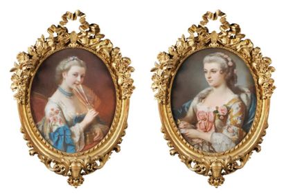 École FRANÇAISE du XIXe siècle Portraits de courtisanes Paire de pastels. Exceptionnels...