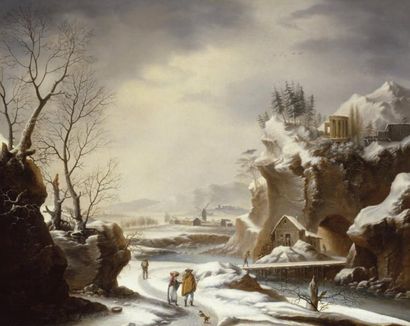 Francesco FOSCHI (Ancona 1710- Rome 1780) Paysage hivernal avec des voyageurs Huile...