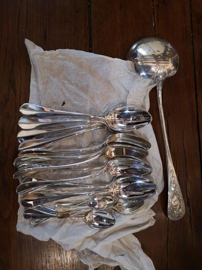 Set of eleven silver plated metal soup spoons...