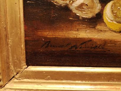 null Ecole XIXe "Nature morte aux huitres"
Panneau porte une signature Brunel Neuville
18,5...