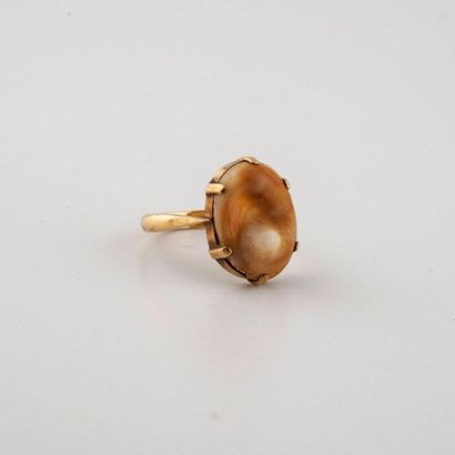 null 750°/00 yellow gold ring holding a piece of puka shell. Eagle head punch. Circa...