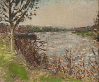  Pierre Eugène MONTEZIN (1874-1946) 
Riverside 
Oil on canvas. 
Signed lower left....