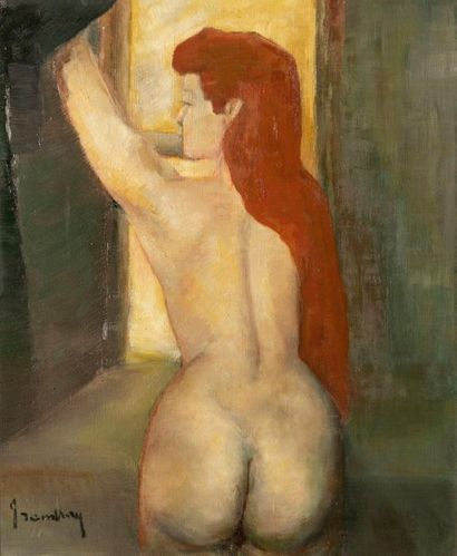 J Rambley 
Nude at the window 
Oil on canvas...