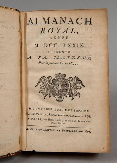  ALMANACH ROYAL, année 1779. Paris, Le Breton, 1779. In-8, mar. rouge, plats ornés...