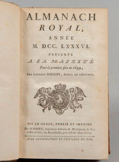  ALMANACH ROYAL, année 1786. Paris, d'Houry, 1786. In-8, veau brun, triple filet,...