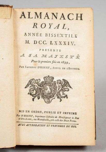 null ALMANACH ROYAL, année bissextile 1784. Paris, d'Houry, 1784. In-8, mar. rouge,...
