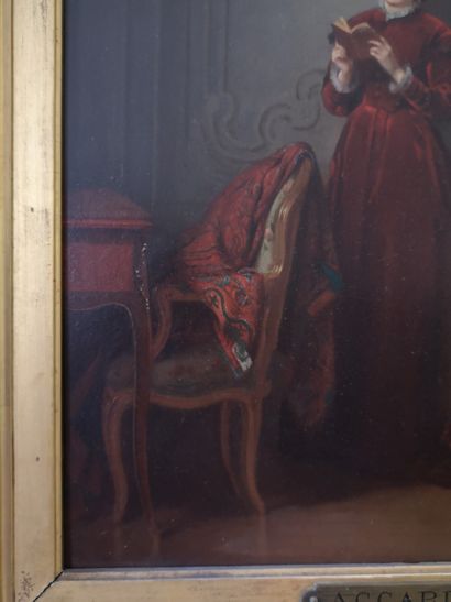  Eugène Accard (1826-1888) 
Femme à la lecture 
Huile sur panneau 
Signé en bas à...