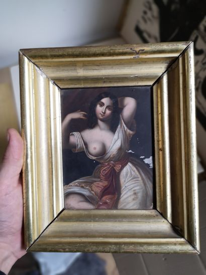  19th century school 
Odalisque 
Oil on metal. 
16,5 x 13 cm 
(As it stands)