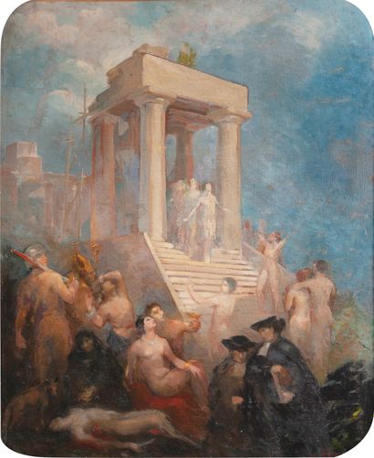  Madeleine VAURY 
(19th century) 
Sacrificial Scenes 
Oil sketch on 
canvas, signed...