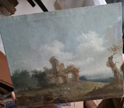  In the taste of the 18th century. 
Cowherd in a landscape of ruins. 
Canvas marouflaged...