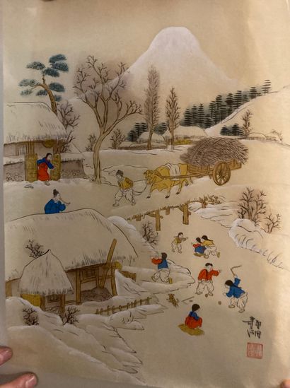 Japon XXe 
Scène de village en hiver 
Gouache...