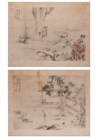  CHINE, début XXème siècle. Deux estampes encadrées représentant un jardin aux abords...