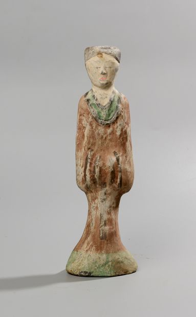  CHINA, Han style. Court lady standing. Terra cotta under slip with polychrome highlights....