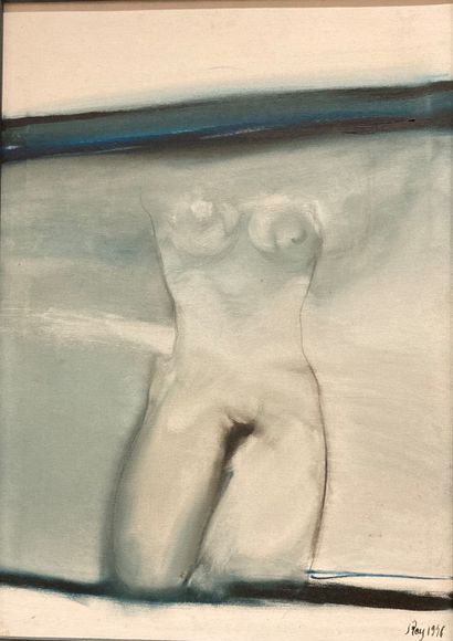  S Rey, Nu bleu, Signé et daté "S Rey 1996", Huile sur toile, 69 x 48,5 cm.