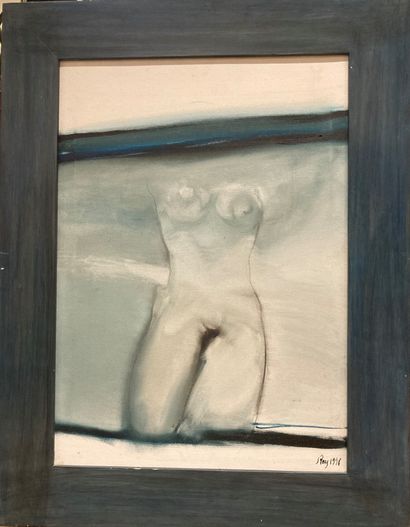  S Rey, Nu bleu, Signé et daté "S Rey 1996", Huile sur toile, 69 x 48,5 cm.