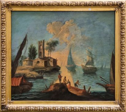  Work in the taste of the eighteenth century 
Seaside and boats 
Canvas 
69 x 79...