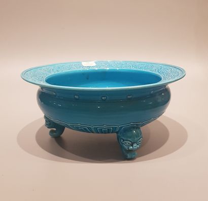 A turquoise blue enamelled porcelain tripod...