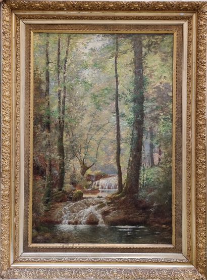  In the style of the Barbizon school 
Forest and stream 
Oil on canvas signed lower...