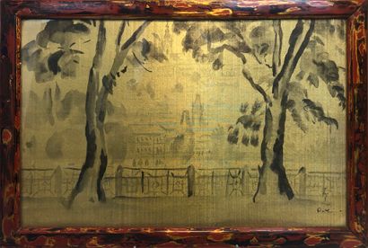  Attribué à Shunko DESHIMA 
Prague 
Trois encres de Chine sur soie. 
41 x 26 cm