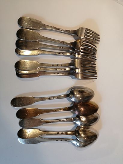  5 silver cutlery sets, uni-flat model. The...