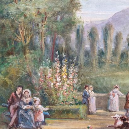  Italian School 
Characters in the park 
Oil on canvas signed lower right F. Faber...