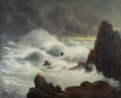 Charles MOOTZ (XIXe-XXe siècle) Effet de vagues sur les rochers et brisants Toile,...