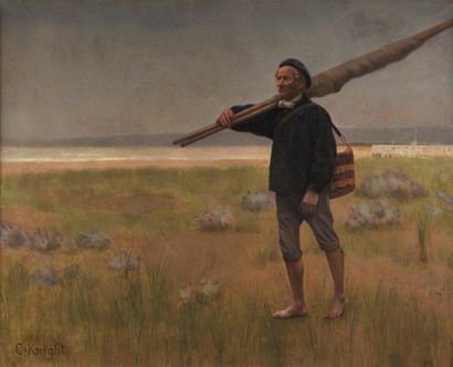 C. KNIGHT (XIXe - XXe siècle) Pêcheur marchant sur la grêve. Peinture sur toile,...