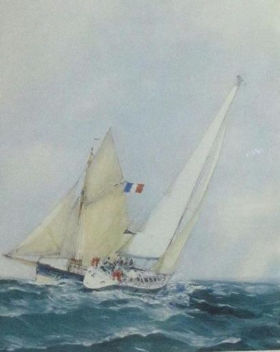 René GOULET (né en 1921) Voilier croisant un bateau de pêche. Lithographie couleurs...