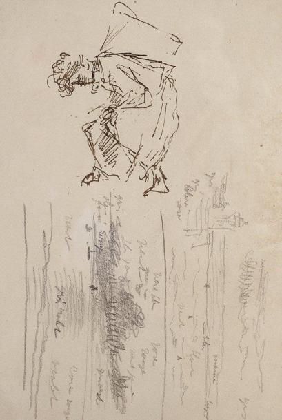 Alferd STEVENS (1823-1906) Pêcheuse de moules, panier sur le dos. Etude à la plume...