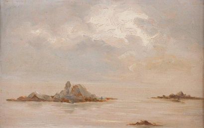 École FRANCAISE XIXe siècle Rochers des îles Chausey affleurant à marée basse Panneau....