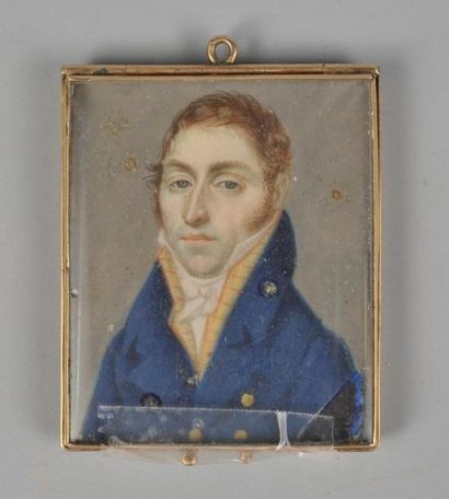 null Miniature rectangulaire début XIXe siècle Portrait d'homme en redingote bleue...