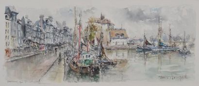 Denis VERSPECHT (né en 1919) Honfleur, quai Sainte-Catherine Aquarelle, signée en...