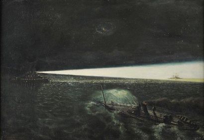 Alfred RENOUARD (XIX-XXe siècle) Manoeuvres navales nocturnes Huile sur toile. Signée...