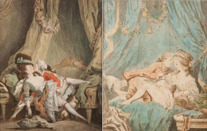 null Scènes d'alcôves Deux gravures aquarellées du XIXème siècle attribuées à Jean-Baptiste...