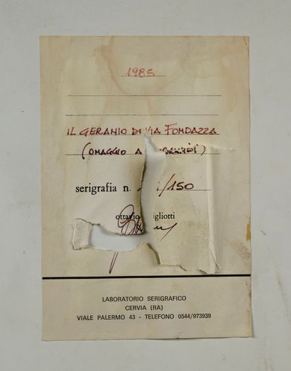 Ottavio GIGLIOTTI (XXème) Il Geranio di via fondazza, omaggio a Morandi, 1985 
Laboratorio...