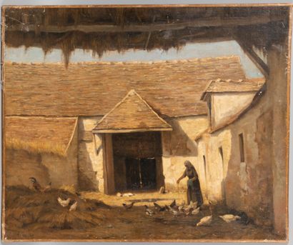 null Ecole du XIXeme siecle " la cour de ferme" toile. 46 x 57 cm . Sans cadre.