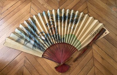 Large decorative fan in wallpaper and lacquered...