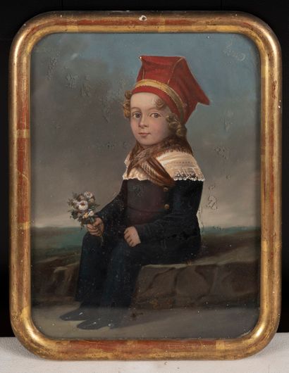  French school of the 19th century 
Child with a bouquet 
Gouache 
30 x 20 cm.