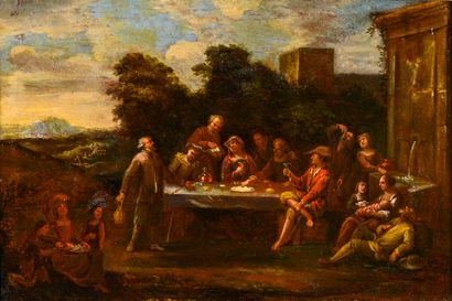  In the taste of the Flemish school of the 17th century 
Banquet scene 
Oil on canvas...