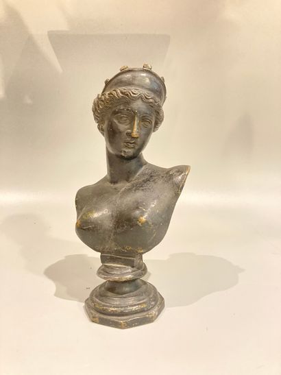 Female bust wearing a tiara. 
Patinated bronze....