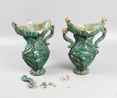 Pair of vases in barbotine decorated with...