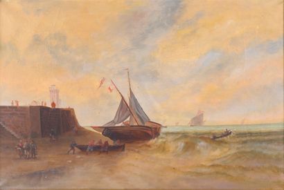  Ecole hollandaise du XIX siècle 
Scène de port 
Huile sur toile 
48 x 73 cm. 
(...