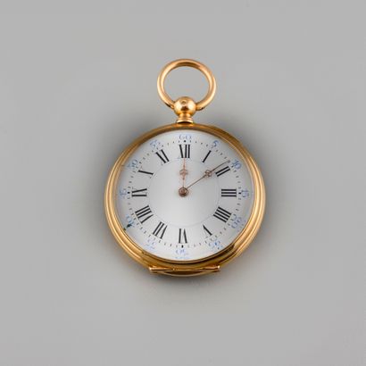 18K gold gousset watch, enameled dial indicating...