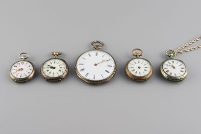 Set of five silver pocket watches, enameled...