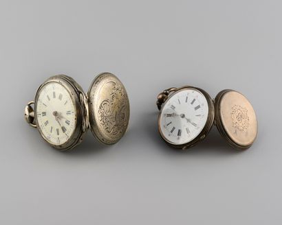 Two silver pocket watches, enamelled dials,...