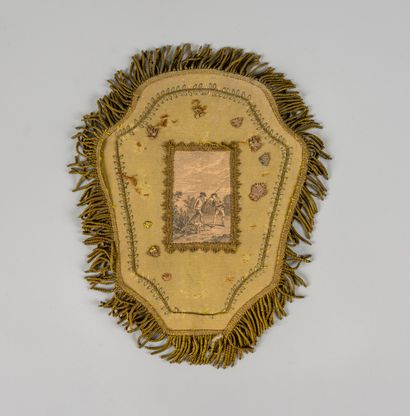  Hand screen, leaf violated and embroidered with a central engraving representing...