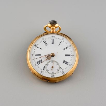 18K gold pocket watch, enameled dial indicating...