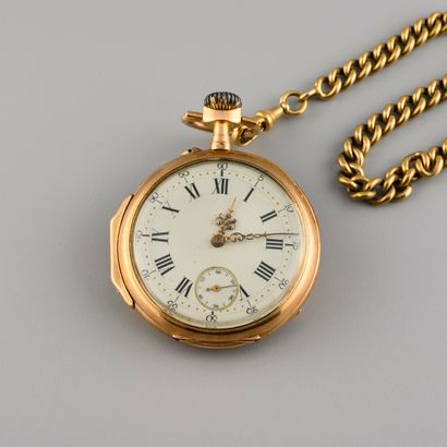 18K gold pocket watch, enameled dial with...