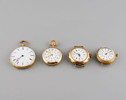  Set of four 18K yellow gold pocket watches, enameled dials, gold cups 
Gross weight:...